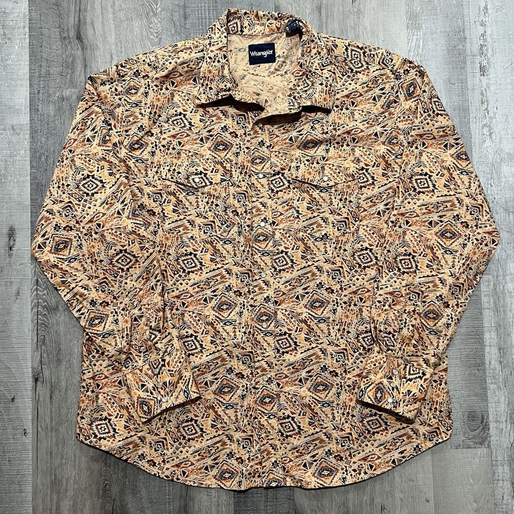 Wrangler Shirt Mens 2XL Pearl Snap Western Aztec Print Vintage Y2K Rodeo Cowboy